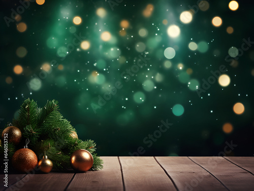 Empty wood table with Christmas decor and blurred green background with lights