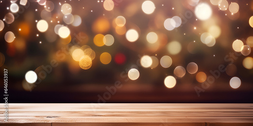Empty mock up wood table with blurred Christmas  lights in background