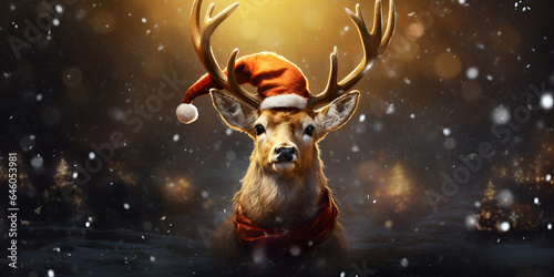 Christmas reindeer with a red hat, dark background