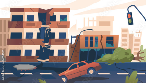 Post-earthquake City Lies In Ruins, Shattered Buildings, Cars, Debris-strewn Streets And A Palpable Sense Of Devastation