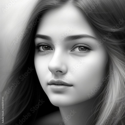 Monochrome detailed graphite pencil drawing portrait of a beautiful young woman.  Generative AI