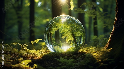1 Produce an image of a glass globe emitting a warm, inviting light in a tranquil forest clearing, symbolizing the peacefulness of sustainable illumination