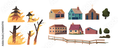 Set of Icons Forest Fire Natural Disaster Theme. Burning Trees, Countryside Buildings, Cottage Homes, Wooden Fence