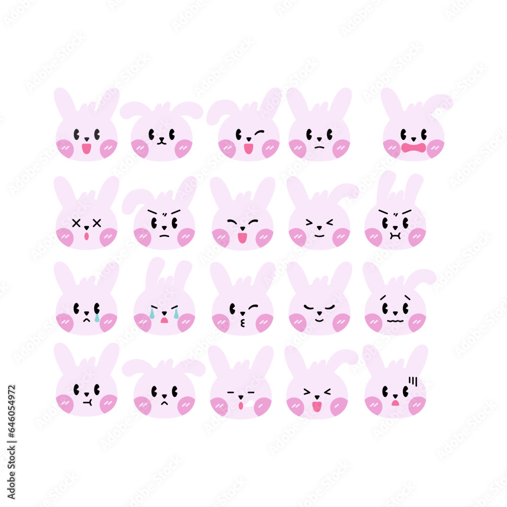 Cute Rabbit Face Emoticons Set. Happy, Angry, Crying, Love and Sleeping Cute Faces.
