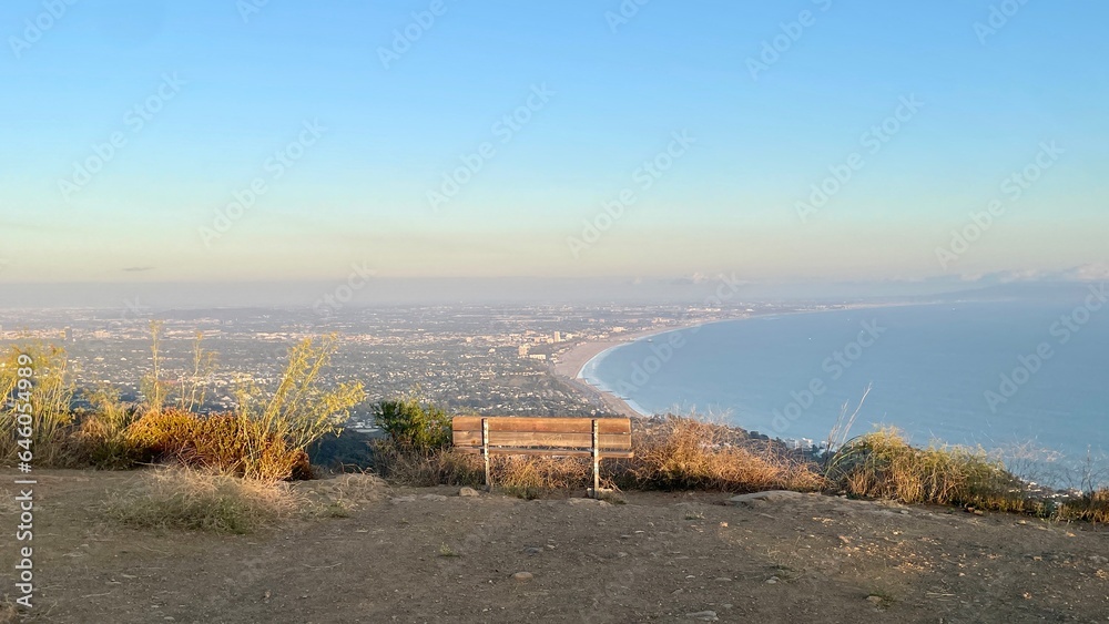 Benches at the Parker Mesa Overlook in the Pacific Palisades area of Los Angeles, California. Views of the santa monica bay and city of Los Angeles.