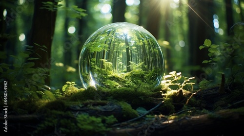 1 Produce an image of a glass globe emitting a warm  inviting light in a tranquil forest clearing  symbolizing the peacefulness of sustainable illumination