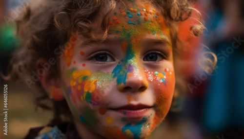 Cheerful children playing with colorful paint, enjoying traditional festival outdoors generated by AI