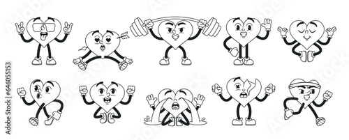 Black And White Set Of Cartoon Heart Characters, Showcasing A Range Of Emotions, From Love-struck To Heartbroken