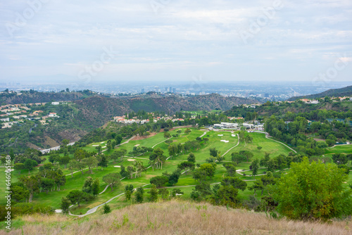 Views of the Mountain Gate Country Club in Brentwood with views of the Los Angeles cityscape in the background.