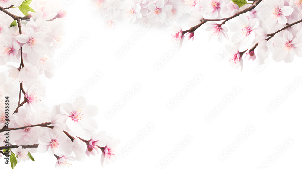 Background decorated with white cherry blossom trees, Generative AI