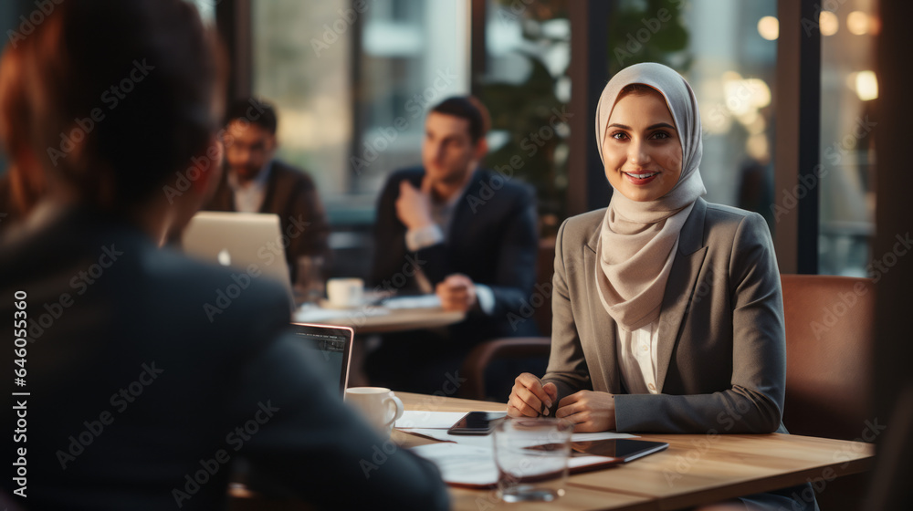 A muslim woman wearing a hijab in an office. Having a meeting over coffee. Smiling. Friendly. Diversity. Inclusion. Belonging. DEI. DEIB