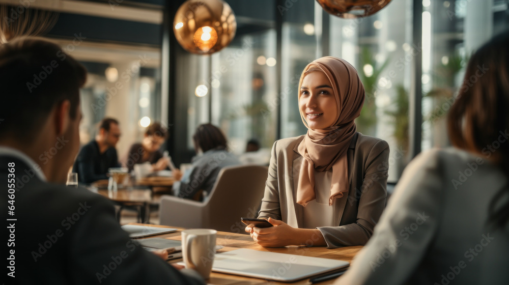A muslim woman wearing a hijab in an office. Having a meeting over coffee. Smiling. Friendly. Diversity. Inclusion. Belonging. DEI. DEIB A muslim woman wearing a hijab in an office. Having a meeting over coffee. Smiling. Friendly. Diversity. Inclusion. Belonging. DEI. DEIB
