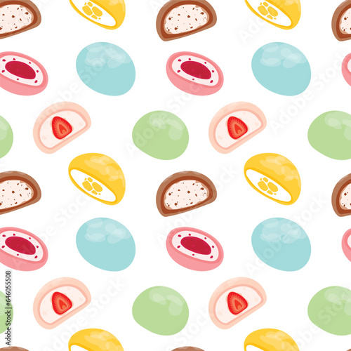 Japanese mochi seamless pattern. Colored mochi with different fillings. Asian sweet food. Vector for clothes, background, print, package. Japanese Mochi in rice dough. Vector flat illustration