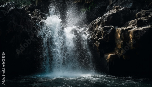 Tranquil scene of rapid water flowing through tropical rainforest ravine generated by AI