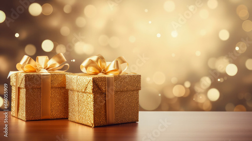 christmas gifts on a table with out of focus background