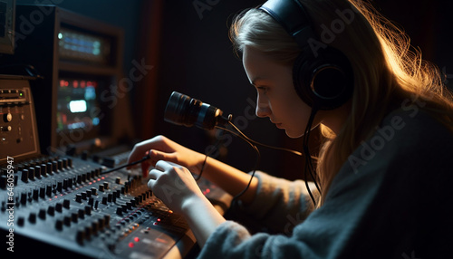 Caucasian musician adjusting sound mixer in recording studio with headphones generated by AI