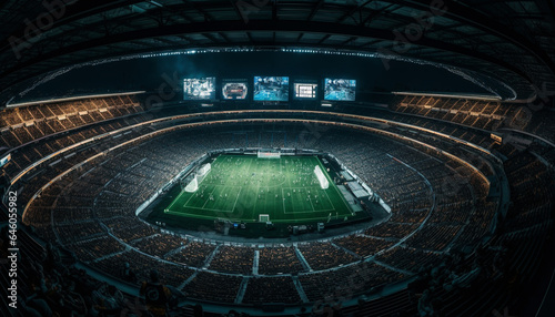 Illuminated soccer field, empty bleachers, bright spotlight, competitive sport success generated by AI