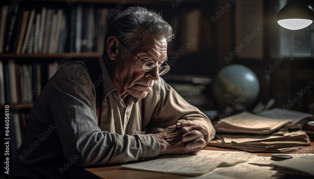 Mature businessman sitting at desk, reading book with concentration generated by AI Mature businessman sitting at desk, reading book with concentration generated by AI
