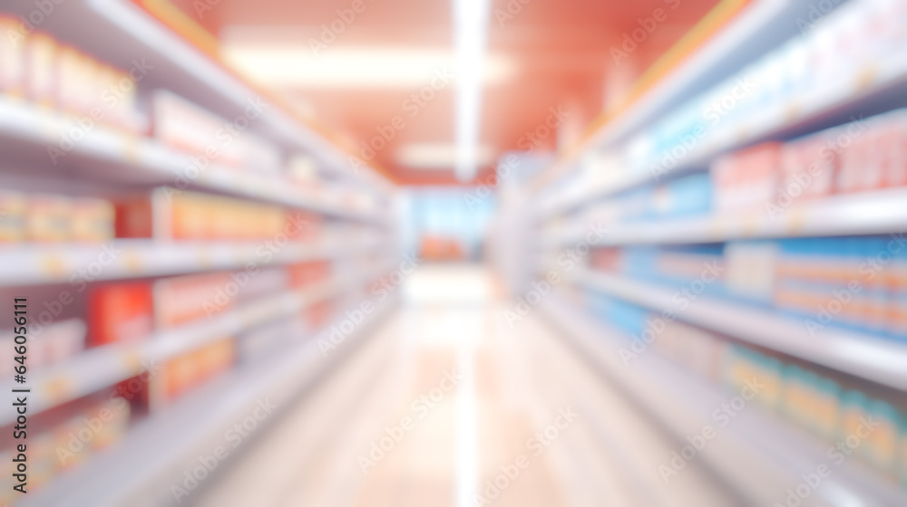 abstract blurred supermarket isle background, blur shopping shelves product display, defocus commercial business warehouse background Ai generated