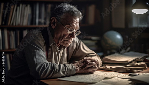 Mature businessman sitting at desk, reading book with concentration generated by AI