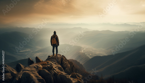 Standing on mountain peak, one person achieves hiking success generated by AI