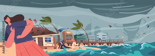 Characters Flee A Sea Hurricane Fury, Seeking Safety At City. Desperation Fuels Their Escape As They Running From Waters