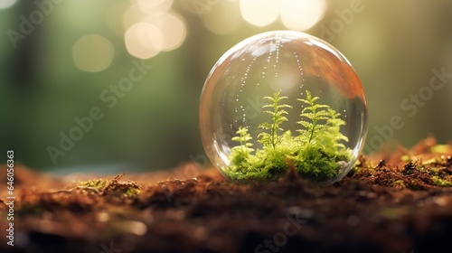 a mini plant growing in soap bubble, placed above brown clay, garden background