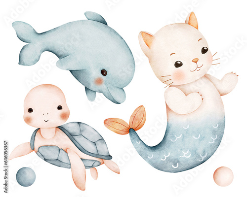 Watercolor baby illustrations set of mermaid cat, turtle, dolphin and bubbles Hand drawn children design. Perfect for print, posters, sticers, textile photo