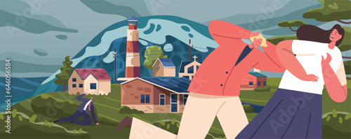 Fleeing In Terror, Characters Sprint Inland To Escape The Colossal Tsunami Wave, A Towering Wall Of Water