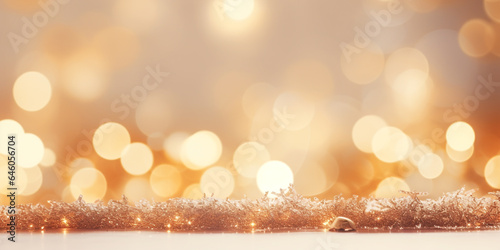 Shiny luxury bokeh christmas festival background, blur glitter snow winter backdrop with empty wooden table top for product display, golden festive new year holiday card with copy space Ai generated
