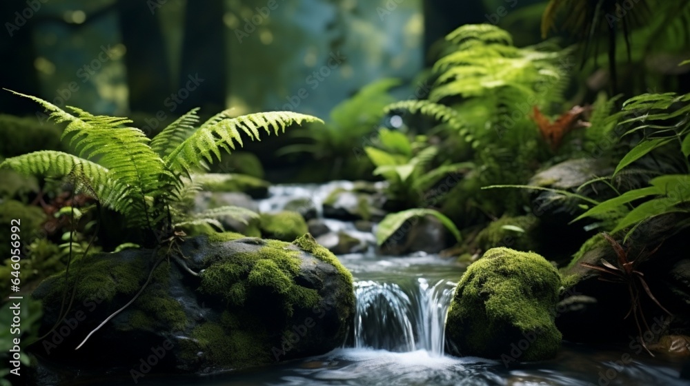 Fototapeta premium A miniature waterfall cascading onto a bed of smooth river stones, surrounded by lush ferns, rainforest background