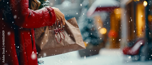 Close up of woman's hand holding craft shopping bags on snowy winter street. Christmas shopping template. Gifts mockup background. Happy New year. Winter promotional sales. Generative ai