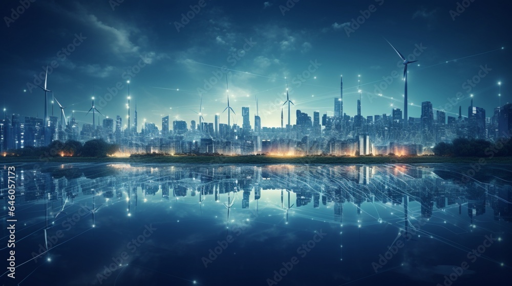 A modern, eco-friendly cityscape illuminated by a network of wind turbines