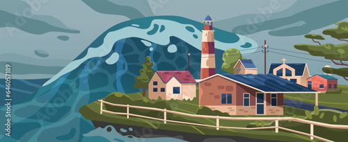 Colossal Tsunami Engulfs Tranquil Countryside, Its Towering Wave Ominously Looming Above Vector Illustration