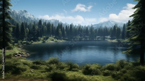 A serene lake surrounded by lush forests  with a hydroelectric dam in the distance