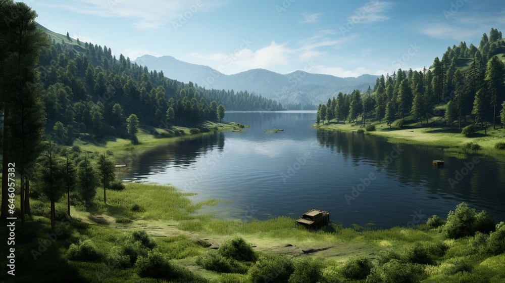 A serene lake surrounded by lush forests, with a hydroelectric dam in the distance