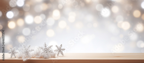 Shiny luxury bokeh christmas festival background, blur glitter snow winter backdrop with empty wooden table top for product display, golden festive new year holiday card with copy space Ai generated