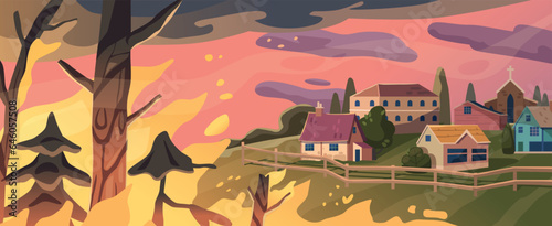 Raging Forest Fire Threatens The Village, Consuming Trees And Homes In A Relentless Blaze, Cartoon Vector Illustration