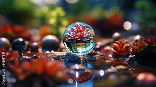 A small succulent flourishing within a soap bubble, sitting on a bed of polished stones, Zen garden background