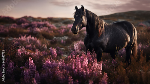 A beautiful young horse in a lavender field.