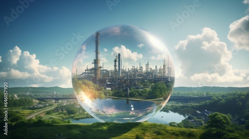 A soap bubble encapsulating a factory emitting pollution, contrasting with a green energy landscape