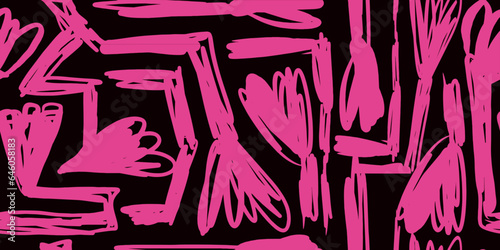 Abstract collage art seamless pattern floral doodles. Organic flat cartoon background, simple random shapes in monochrome color.