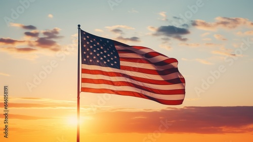 Flying American flag on sunrise sky megapolis background web banner. Constitution day, Independence Day 4th july, memorial day of United States. Closeup of waving flag, National flag of USA