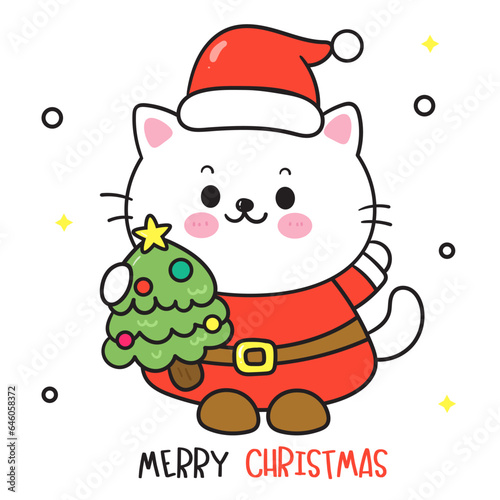 christmas card with a cat santa and x mas tree