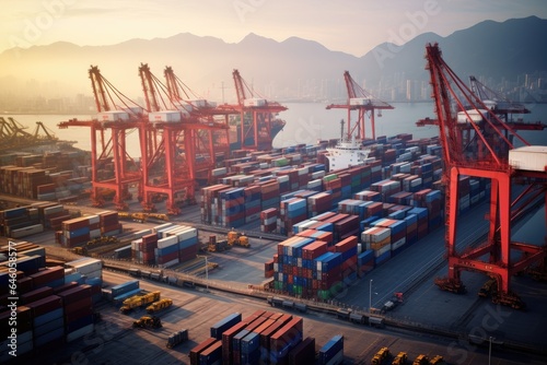 Vibrant and busy cargo port with ships, cranes, and containers