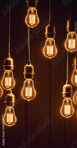 Vintage incandescent Edison light bulbs hanging from ceiling