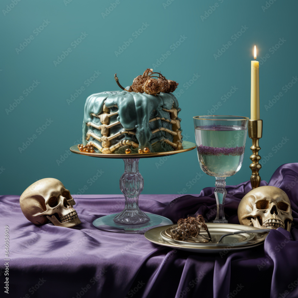Halloween composition with glass cake holder, skull, pumpkin and candles. A combination of purple, green and orange.