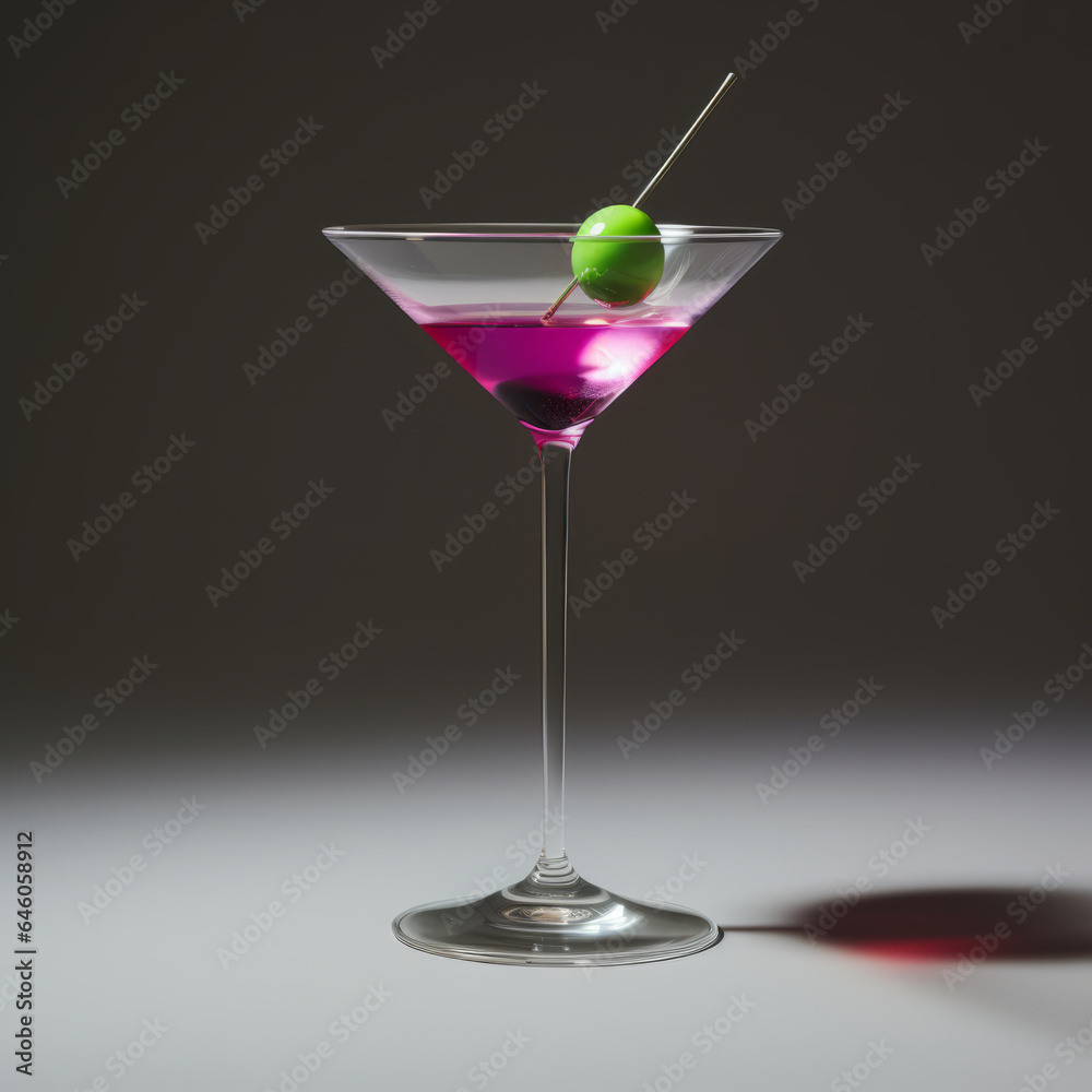 A festive purple cocktail with a green olive. Celebration and party concept.