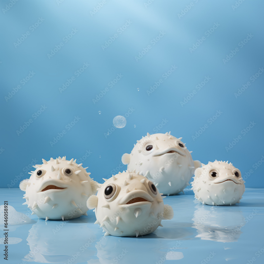 Adorable little white balloon fish-like creatures with different facial expressions on a sky blue background.
