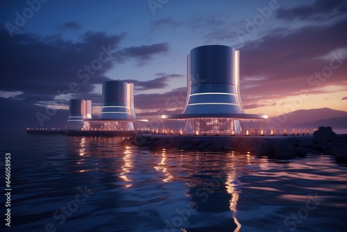 Futuristic power plant of the future in the ocean, water energy